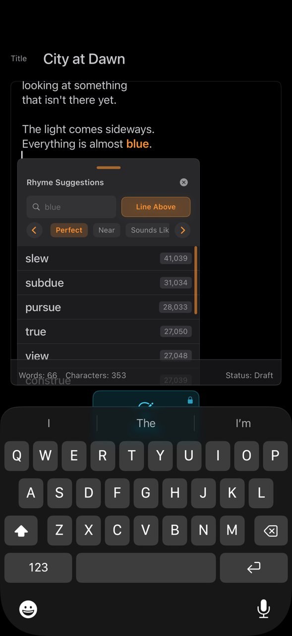 Rhyme Hub screenshot — rhyme suggestions while writing a poem